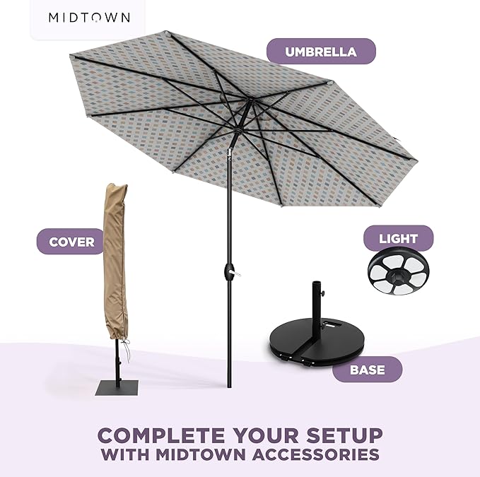 Midtown Umbrellas - The Lean 8 Ft Patio Umbrella with Fade-Resistant Sunbrella Fabric, Auto-Tilt Aluminum Frame and 8 Reinforced Ribs for Deck, Pool & Garden - Infused Gem Canopy, Black Pole