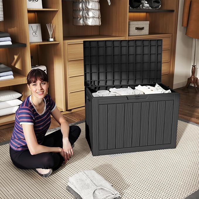 PatioZen 45 Gallon Deck Box,Resin Outdoor Storage Box with Lockable for Patio Furniture, Pool Accessories, Garden Tools Waterproof Outside Storage Box, Black