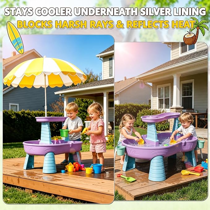 Water Table Umbrella, UV Protection Beach & Picnic Table Umbrella, Heavy Duty Portable Outdoor Shade for Sand Play, Camping, Garden & Backyard. Yellow ﻿