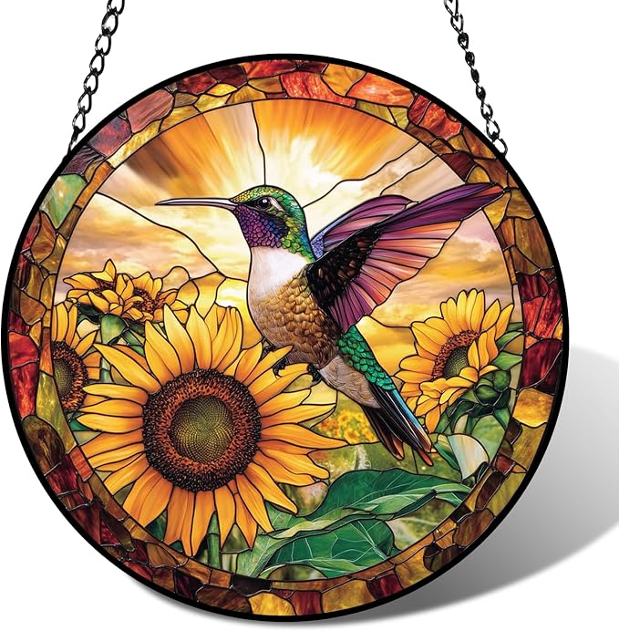 Stained Glass Hummingbird Suncatcher Window Hanging Flowers Gifts for Mom | 6.3in Garden Sun Catcher, Sunflowers Sunrise Ornament for Door Home, Gift for Bird Lovers Grandma & Mother's Day Christmas