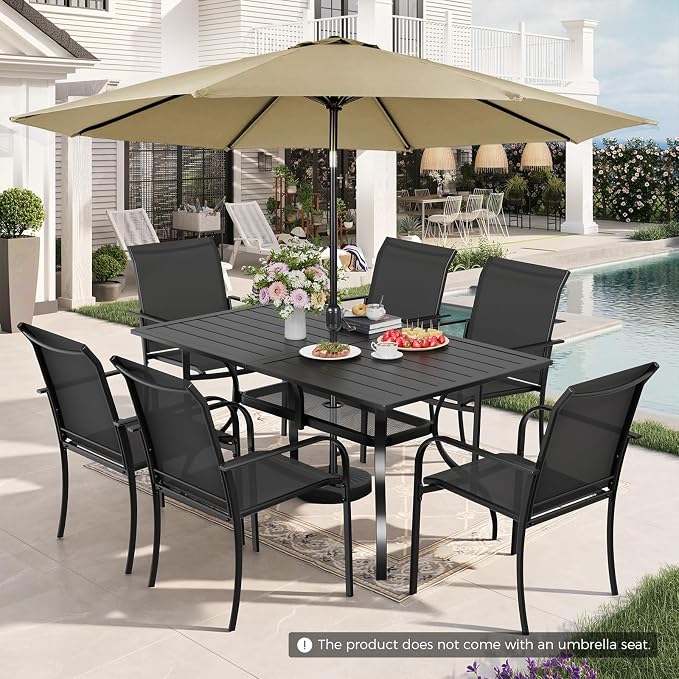Incbruce 8 Pieces Patio Dining Set with Brown Umbrella, Outdoor Dining Set of 6 Textilene Chairs and Rectangle Table with Umbrella Hole for Backyard, Garden, and Poolside (Black)