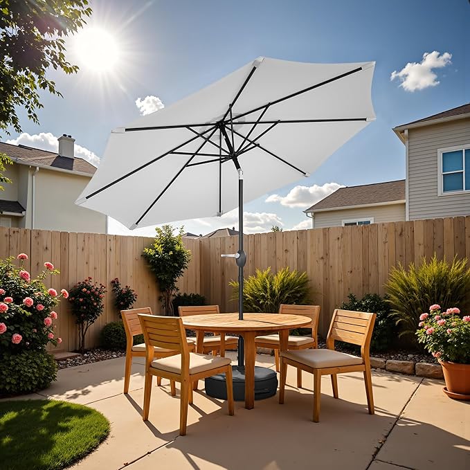 Greesum Outdoor Patio Umbrella with Base, Table Umbrella with 8 Sturdy Ribs, Push Button Tilt and Crank, Market Table Parasol for Garden, Lawn, Backyard & Pool, White