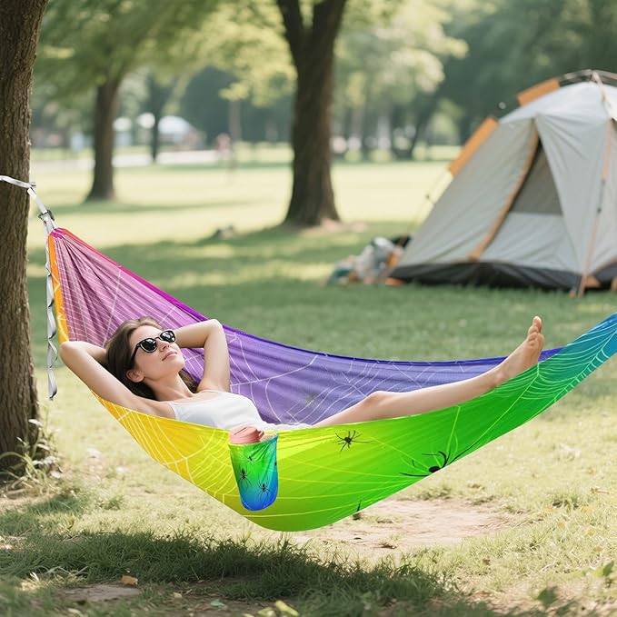 Hammocks for Outside Colorful Spiders Webs Camping Hammock Portable Hammocks with Tree Straps and Carry Bag Camping Accessories for Hiking Beach Outdoor