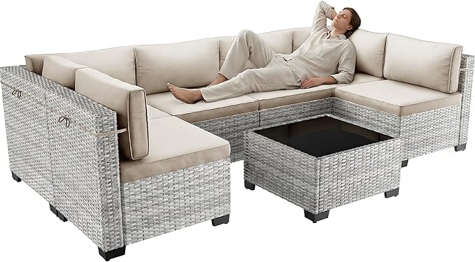 7-Piece Patio Furniture Set, Outdoor Sectional with Thick Cushions, Modular Patio Sofa, Dual-Strand Wicker Rattan, Rust-Resistant Frame, Backyard Furniture for Garden, Deck, Khaki