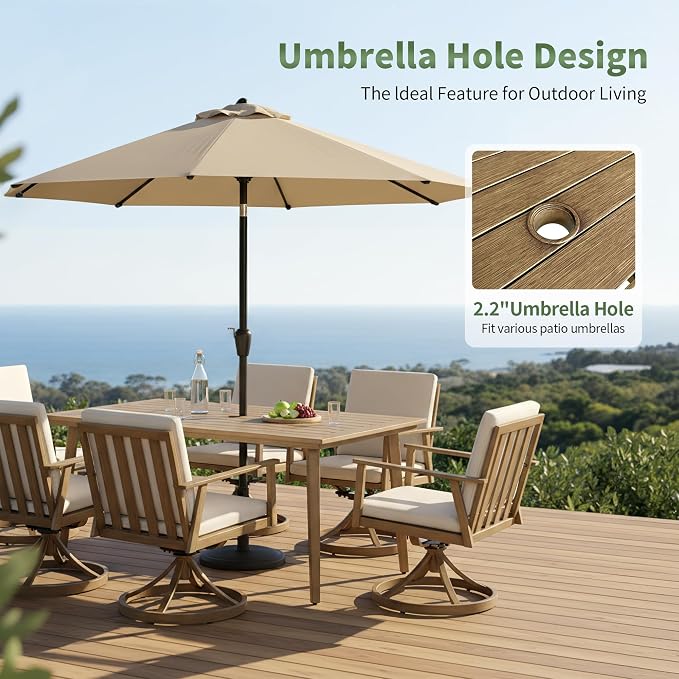 9 Pieces Patio Dining Set for 6, Aluminum Outdoor Dining Table Sets with Umbrella Hole, Modern Outdoor Patio Furniture Set with 8 Swivel Chairs and Table for Backyard, Poolside and Deck,Teak