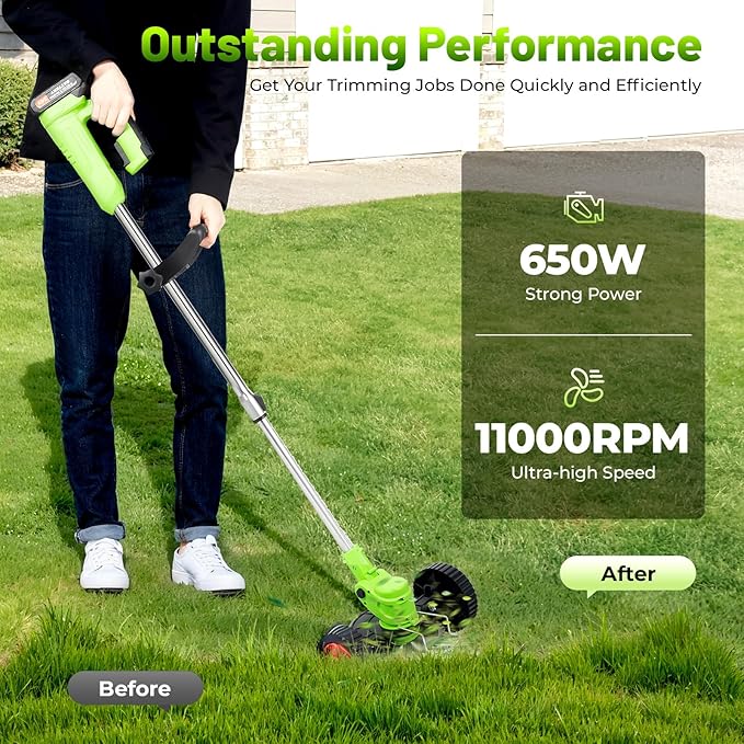 Cordless Grass Trimmer, 650W Electric Weed Wacker with 2 Batteries & Charger, 24V Battery Powered Lawn Mower with U-Shaped Handle, Adjustable Telescopic Pole & 90° Flip Head for Yard, 34.65-49.21in