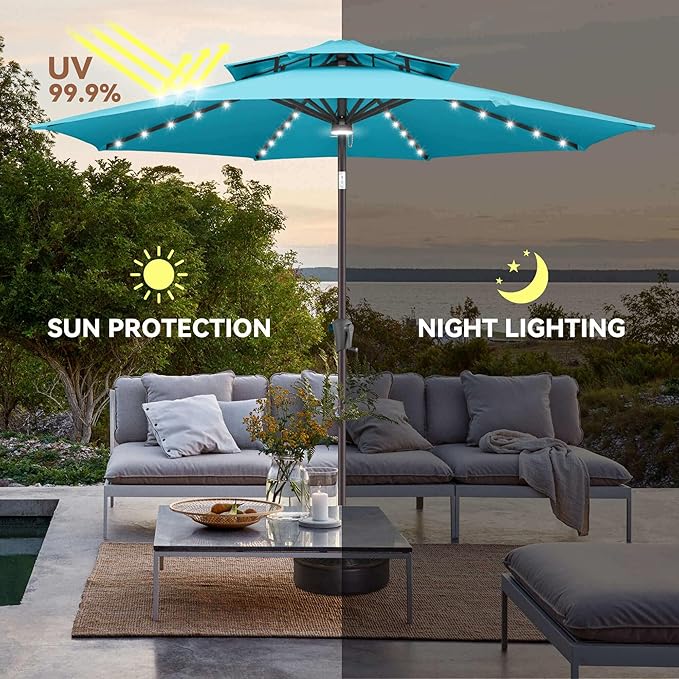 9FT Solar Umbrella Outdoor - 2 Tiers Lighted Solar Patio Umbrella with 40 LED Lights Waterproof UV Protection, Table Umbrella with Tilt for Pool, Porch, Garden, Backyard (Aqua Blue)