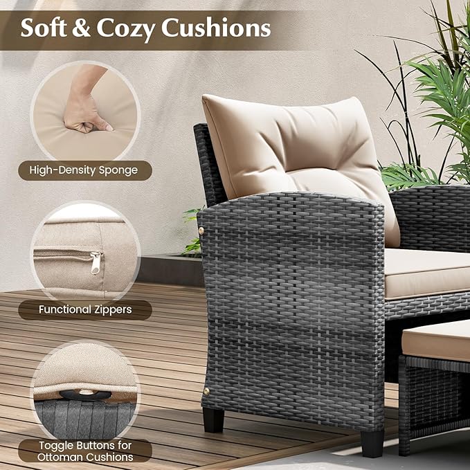 Tangkula 5 Pieces Patio Conversation Set, PE Wicker Rattan Outdoor Furniture Set with 2 Chairs, 2 Ottomans & Tempered Glass Coffee Table, Ideal for Poolside, Backyard, Lawn, Deck, Mix Grey & Beige