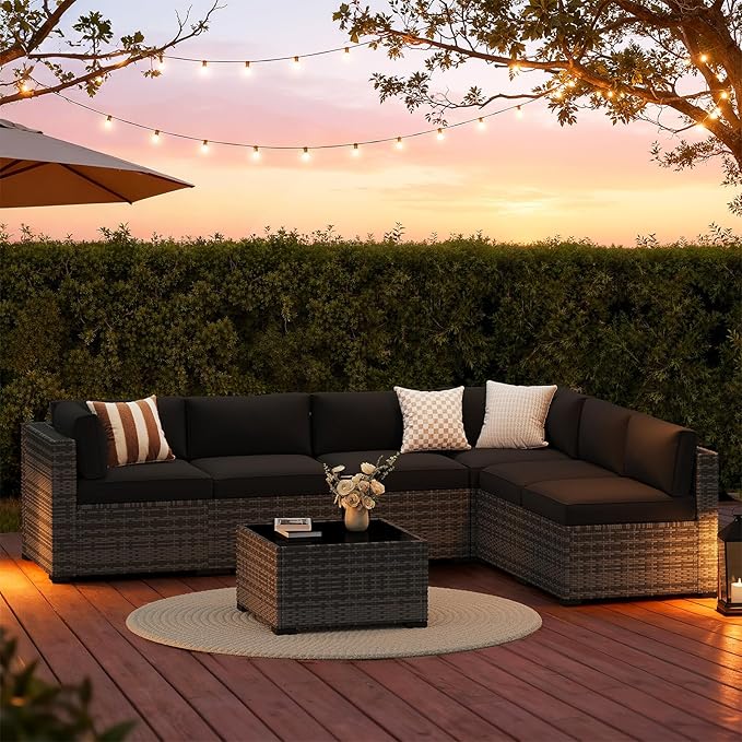 LazySunsets 7-Piece Patio Furniture Set, Wicker Rattan Outdoor Furniture with Thick Cushions, Patio Conversation Sets with Coffee Table, Outdoor Sectional Couch Sofa with Waterproof Cover, Black