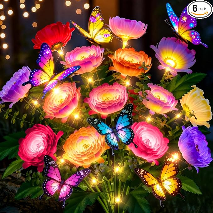 Solar Flowers Lights Outdoor Waterproof: 6 Pack LED Solar Lights Decorative for Outside Garden Decor with Butterfly Auto-On/Off for Yard Landscape Lighting, Gifts for Mom Gardening Enthusiasts