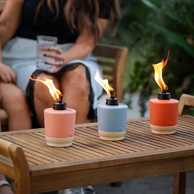 TIKI Sunset Sands Outdoor Table Torch, Decorative Outdoor TIKI Torches for Patio and Backyard, Orange, Blue, and Pink, 6 in, Pack of 3, 1124122