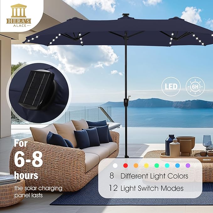 HERA'S PALACE 13ft Patio Umbrella with 120 LED Solar Lights Double Sided Outdoor Umbrella for Patio 8 Colors Changing Table Umbrella Outdoor Patio for Garden Pool