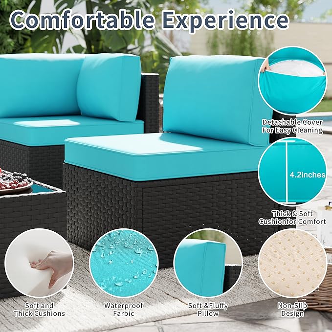 SUNLEI Outdoor Patio Furniture Set 5 Pcs, Rattan Balcony Furniture with Backrest Glass Table & Washable Cushions Small Conversation Patio Set with Sectional Design (Black/Blue)