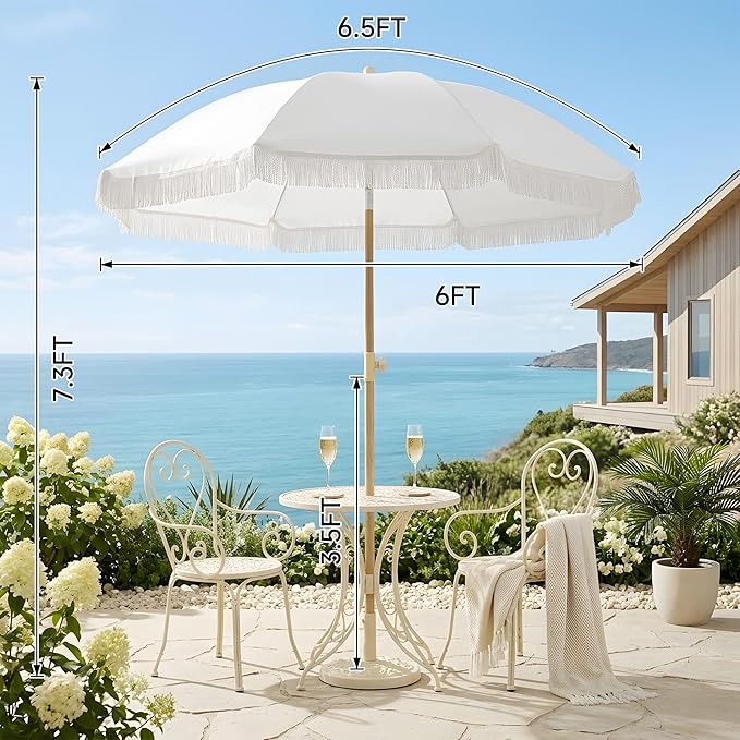 6.5FT Boho Patio Umberlla with Fringe,UPF50+ Outdoor Umbrella with Fiberglass Ribs and Push Button Tilt,Tassels Umbrella for Beach,Terrace,Picnic