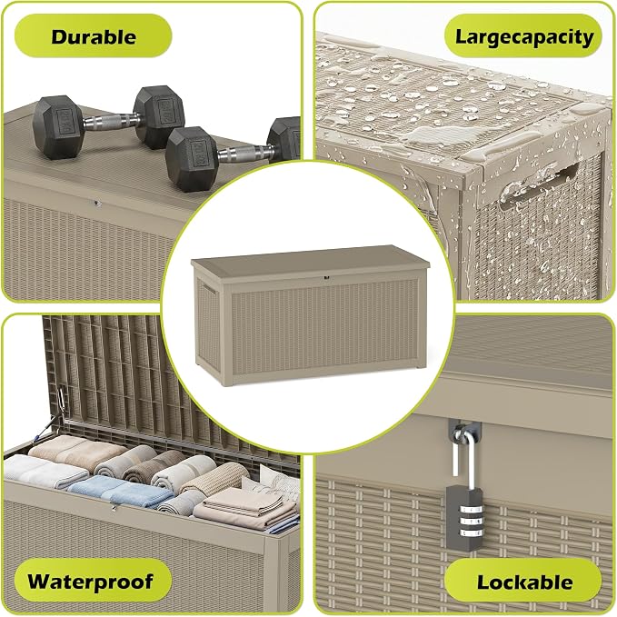 ROJIK 320 Gallon Deck Box Outdoor Waterproof,Weatherproof Outdoor Storage Boxes Lockable with Lid,Outside Resin Storage Bench for Patio Cushions,Garden Tools and Pool Accessories(Grey)