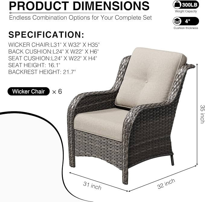 Joyside 6 Piece Wicker Patio Furniture Set, Rattan Patio Chairs with High Back, Deep Seating, Wide Armrest, Thickened Cushions, Outdoor Furniture for Deck, Porch Use