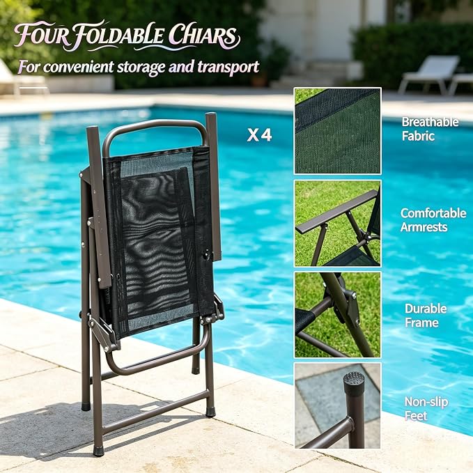 6-Piece Outdoor Dining Set with Umbrella, 4-Person Patio Furniture Set, Folding Chairs & Tempered Glass Table, 31.5" Dia. Table