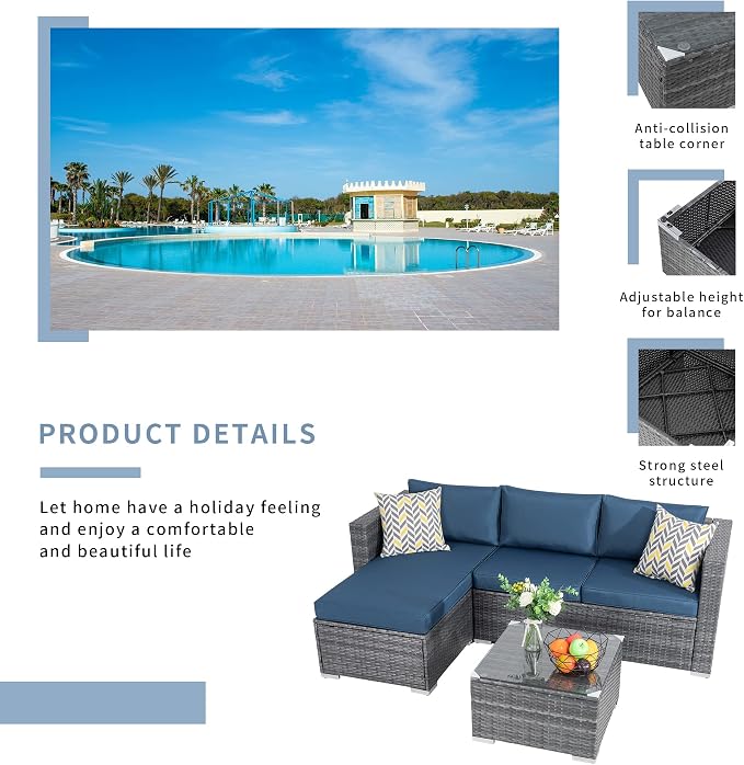 SUNLEI 3-Piece Patio Sectional Sofa, Patio Furniture Set with Cushions, All Weather Outdoor PE Wicker Patio Conversation Sofa Set with Glass Coffee Table & Ottoman, Silver Rattan/Aegean Blue