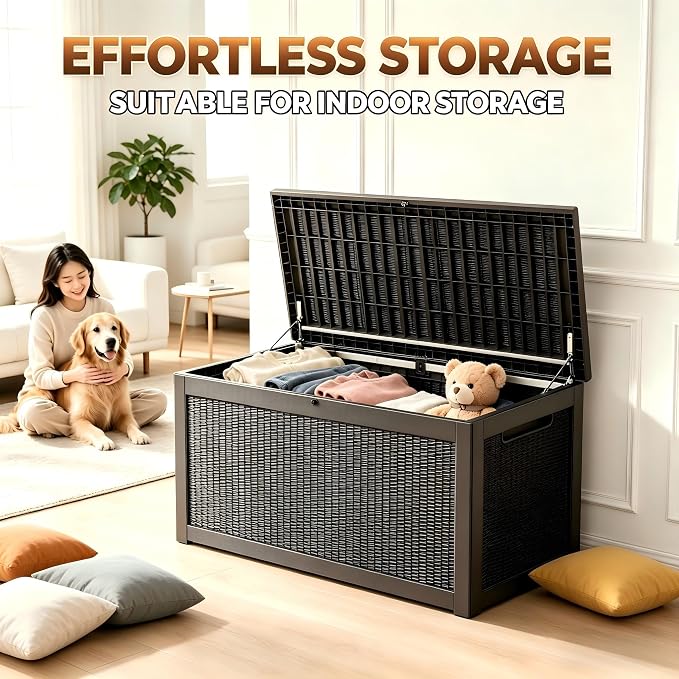 328 Gallon Waterproof Outdoor Storage Box, Heavy Duty Resin Deck Box Lockable, Large Outside Patio Storage Bench for Garden Tools & Pool Accessories,Hydraulic Lift, All-Season UV-Resistant, Gray Brown