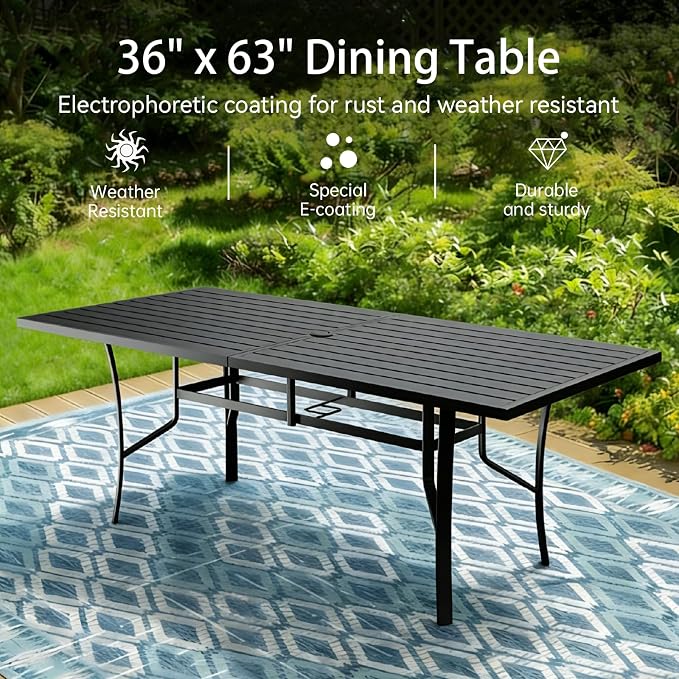 Trevero 7 Pieces Outdoor Dining Table 63"x36", Rectangle Patio Dining Table and Chairs with Stable Metal Frame for Garden, Backyard and Porch, Umbrella Hole Design, Suitable for 6 People