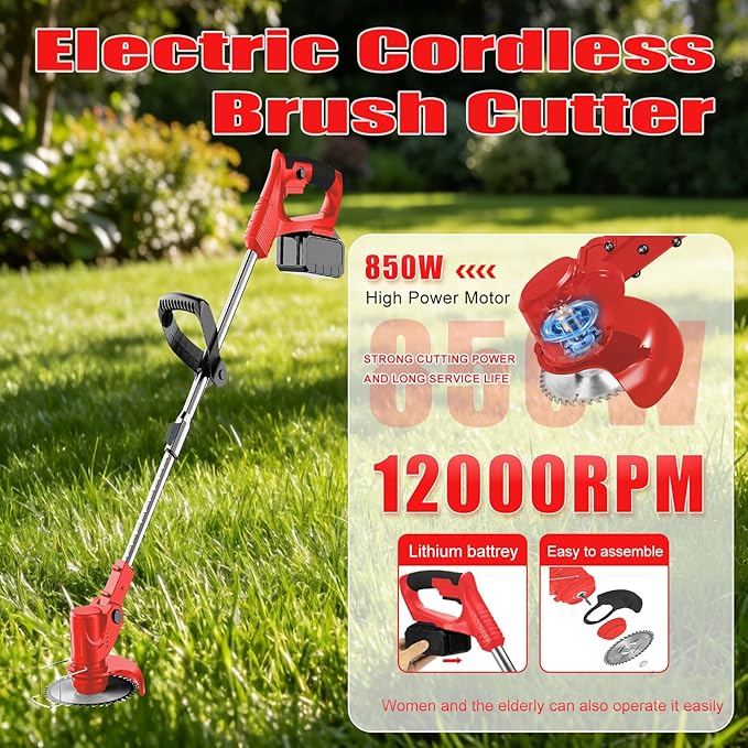 Electric Weed Wacker 21V Brush Cutters Battery Powered 3 in 1 Lightweight Weed Wacker Eater with Blade Adjustable Pole Cordless Grass Trimmer with 2 * 2.0Ah Batteries and Charger for Garden Yard Red