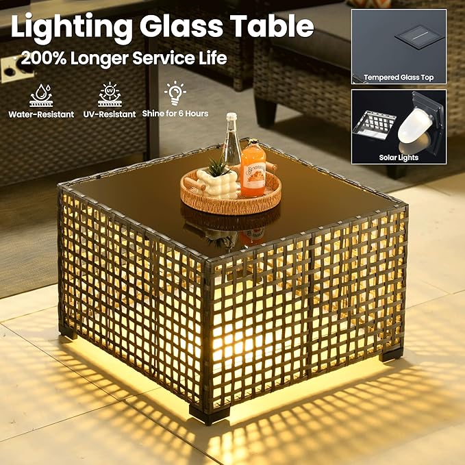 ovios 7 Pieces Patio Furniture Set with 42" Fire Pit Table, Outdoor Sofa Couch with Solar Lights Table Comfy Cushions, Modern Deep Seat Wicker Rattan Conversation Set, Dark Grey