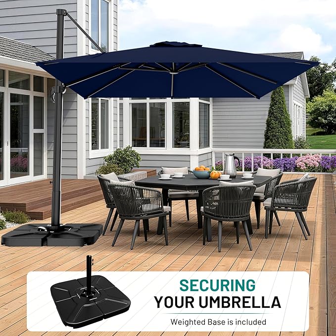 AreShark 9 × 9FT Square Cantilever Patio Umbrella with Base Included, 360° Rotation Offset Outdoor Umbrella, 5 Tilt Settings Heavy Duty Hanging Parasol for Deck Garden Pool, Navy