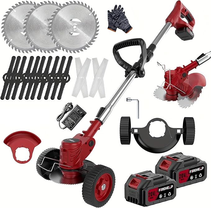 Firenheip Cordless Lawn Mower, Portable Wireless Grass TrimmerWith 2 Large Batteries & 3 Blades, Suitable for All lawns. (Wine Red)
