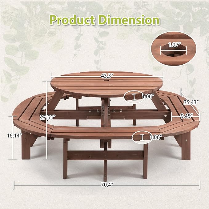 Thanaddo 12-Person Outdoor Circular Wooden Picnic Table, Camping Dining Table with Built-in Benches, Outside Table Set with Umbrella Hole for Garden Patio Backyard,Brown