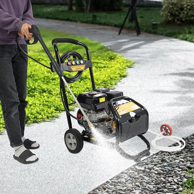 Gas Pressure Washer 2600PSI, 2.4GPM Max Flow, 7HP High Pressure Washer with Hose, Two Wheels, 5 Different Nozzles, for Cars, Fences, Driveways, Homes, Patios, Furniture