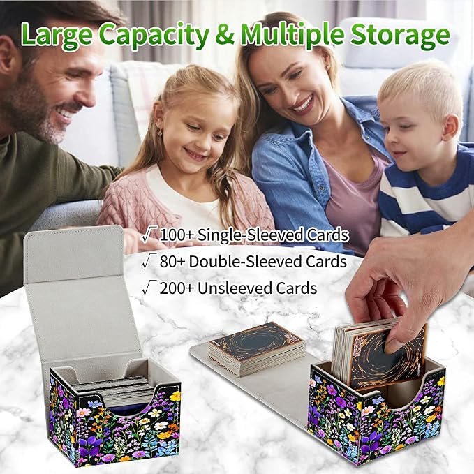 Card Deck Box for MTG, Cards Storage Box Fits 120+ Sleeved, Leather Small Size Strong Magnetic Closing Card Case for Board Games Magic TCG CCG Baseball Collection, Purple Wildflower