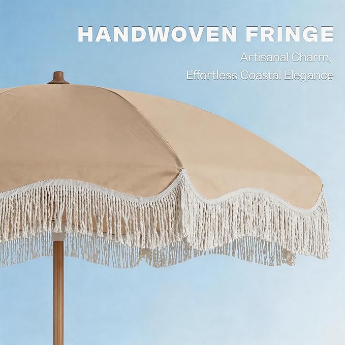 7ft Patio Umbrella with Fringe, Boho Beach Umbrellas, Outdoor Tassels Umbrellas with Push Button Tilt & Carrying Bag, 8 Windproof Fiberglass Ribs, UPF50+