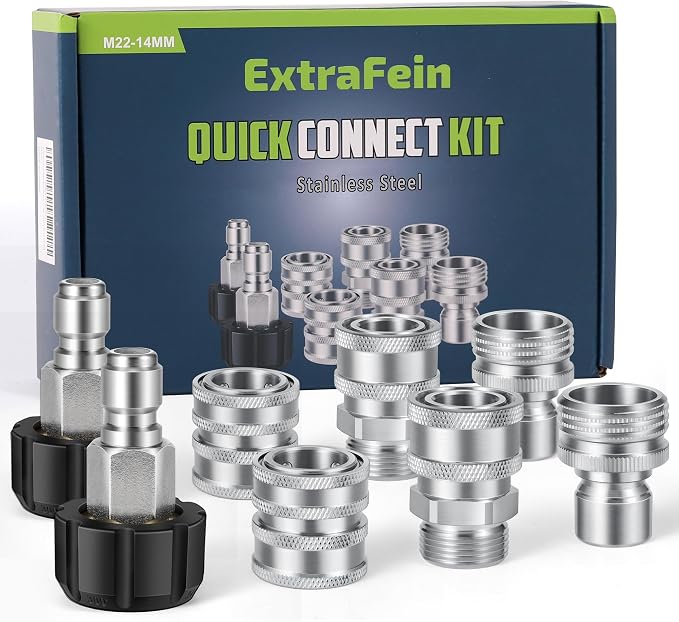 Premium Pressure Washer Quick Connect Kit M22 14mm Power Washer Adapter Set | M22 Swivel to 3/8'' Quick Connect, 3/4'' to Quick Release, Quick Connect Pressure Washer Fittings (Stainless Steel)