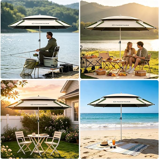 Patio Umbrella with Exclusive Black Coating, 7.2ft/7.8ft Heavy-Duty Double-Layer Nylon Canopy, Adjustable Tilt Sun Shade Outdoor Table Umbrella, UV Protection & Carry Bag for Beach, Fishing, Backyard