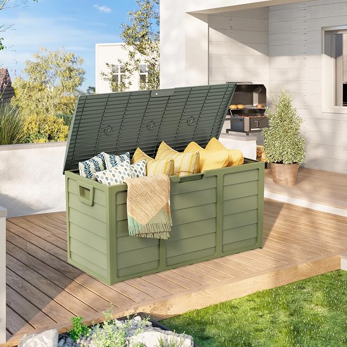 SUNCROWN 75 Gallon Deck Storage Box Resin Outdoor Storage Container with Handles for Patio Garden Yard Porch, Green