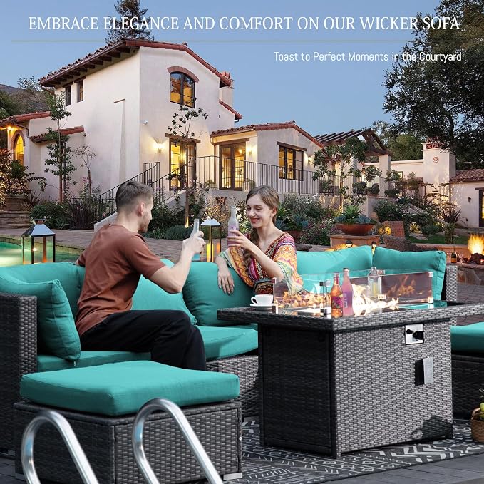 BULEXYARD 13 Piece High Back Patio Furniture Sets with Firepit, Luxury Outdoor Seating Sectional Couch 12-Person Modular, Comfortable Extra Large Wide Deep Backyard Conversation Sofa Set, Grey & Teal
