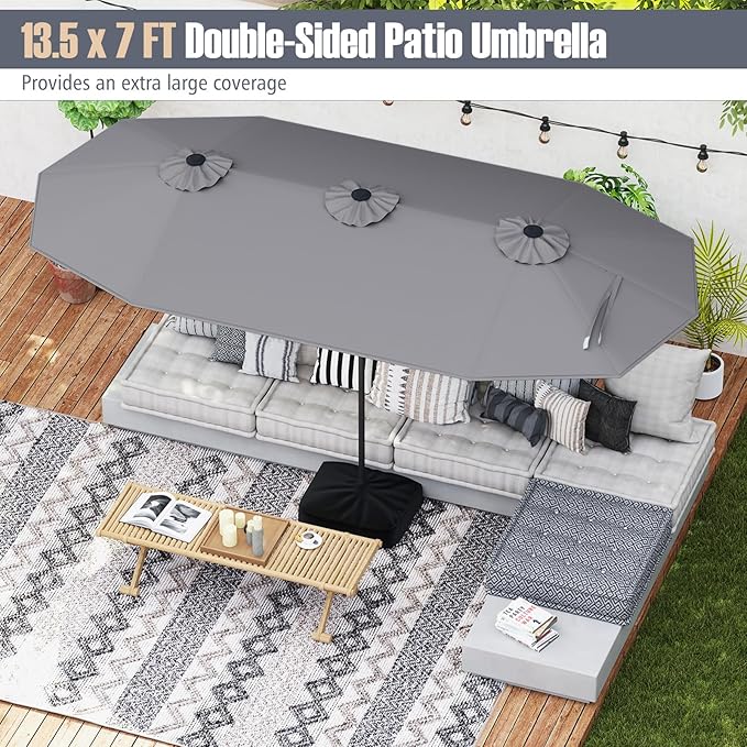Tangkula 13FT Double-sided Patio Umbrella, Extra Large Twin Table Umbrella with Crank Handle, Umbrella Base, Safety Lock, Air Vent, Outdoor Market Umbrella for Garden Pool Backyard (Gray)