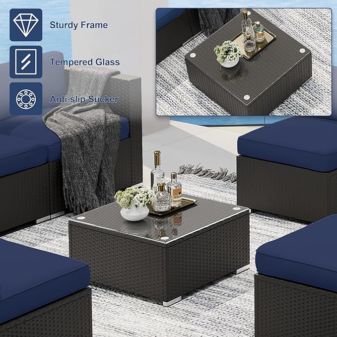 SUNCROWN 7-Piece Outdoor Patio Furniture Sofa Set All-Weather Wicker Sectional Conversation Set with Modern Glass Coffee Table, Cushions and Waterproof Cover,Dark Blue
