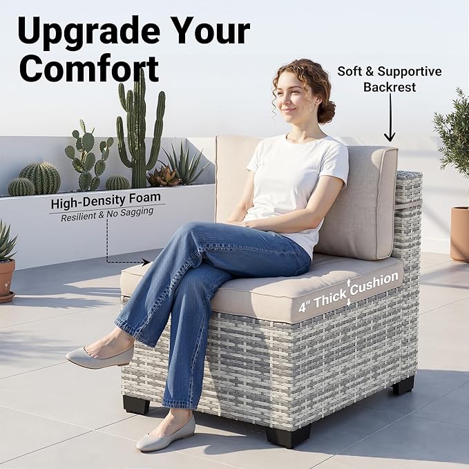 14-Piece Patio Furniture Set, Outdoor Sectional with Thick Cushions, Modular Patio Sofa, Dual-Strand Wicker Rattan, Rust-Resistant Frame, Backyard Furniture for Garden, Deck, Khaki