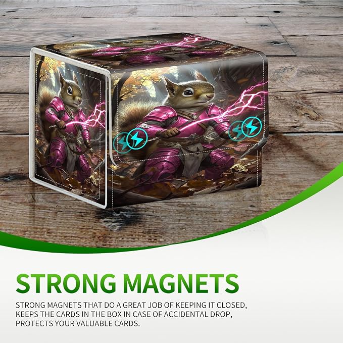 Card Deck Box for MTG, Cards Storage Box Fits 120+ Sleeved, Leather Small Size Strong Magnetic Closing Card Case for Board Games Magic TCG CCG Baseball Collection, Purple Lightning Squirrel