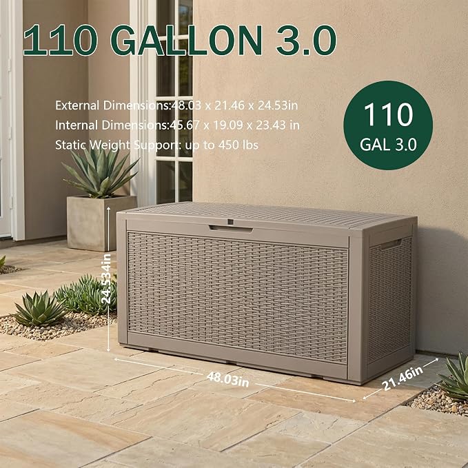 Outdoor Storage Box, 110 Gallon Waterproof Deck Box [Upgraded 3.0], Auto-Open Gas Struts Resin Organizer for Lounger Pillows, Secure Lockable Backyard Storage Bench, Poolside Deck, Grey