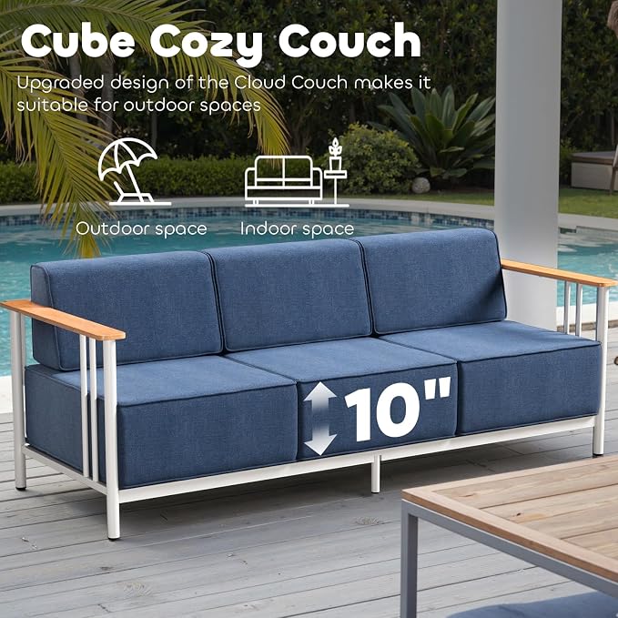 Luxury Outdoor Furniture Set with Swivel Chairs, 7 PCS Patio Furniture Set with 6" Extra Thick Cushions, Suitable for Porch, Balcony, Deck, Patio, Yard, Poolside, White/Blue
