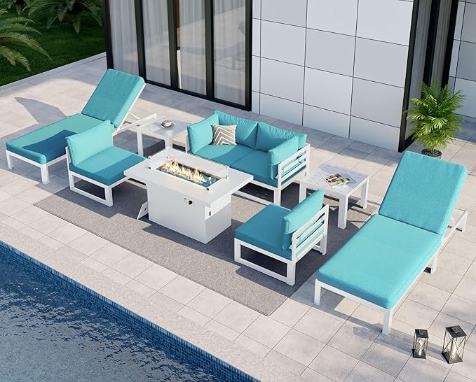 NICESOUL 9 Pcs Large Modern Aluminum Outdoor Sofa with Lounge & Fire Pit Table, 29" Deep Wide Seat, 500 lbs Durable Sectional Set for Heavy People, All-Weather Patio Furniture Set for Deck, Turquoise