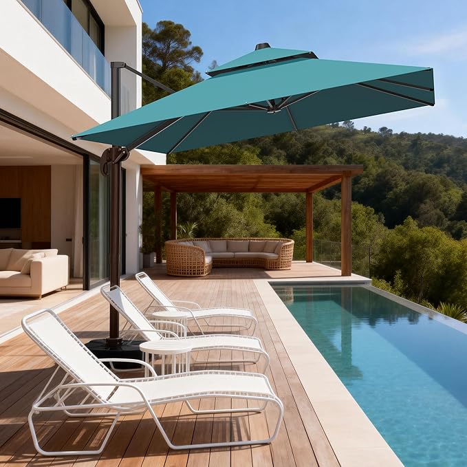 10x10Ft Patio Umbrella Outdoor Cantilever Rectangle Umbrella, 6-Level Tilt & 360° Rotation Offset Umbrella for Garden, Deck, Pool(Turquoise)