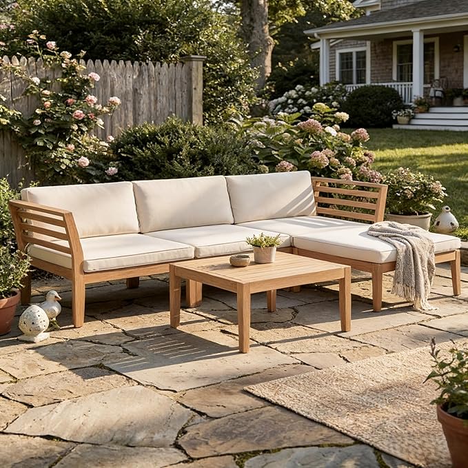 5-Piece Acacia Wood Patio Sectional Set, L-Shaped Outdoor Sofa Garden Couch with Coffee Table & Removable Cushions for Backyard, Deck, Beige