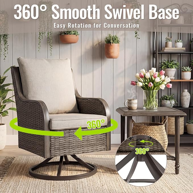 Swivel Patio Chair, High Back Outdoor Rattan Chair with Thick Cushions, Hand-Woven Wicker Furniture for Balcony Garden Deck
