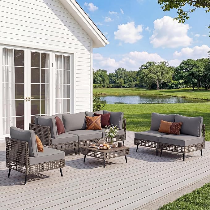 LAUSAINT HOME 7 Pieces Outdoor Sectional Sofa Set, All-Weather PE Wicker Rattan Patio Conversation Set with Thick Cushions & Coffee Table, Patio Furniture Set for Garden, Backyard, Porch (Gray)