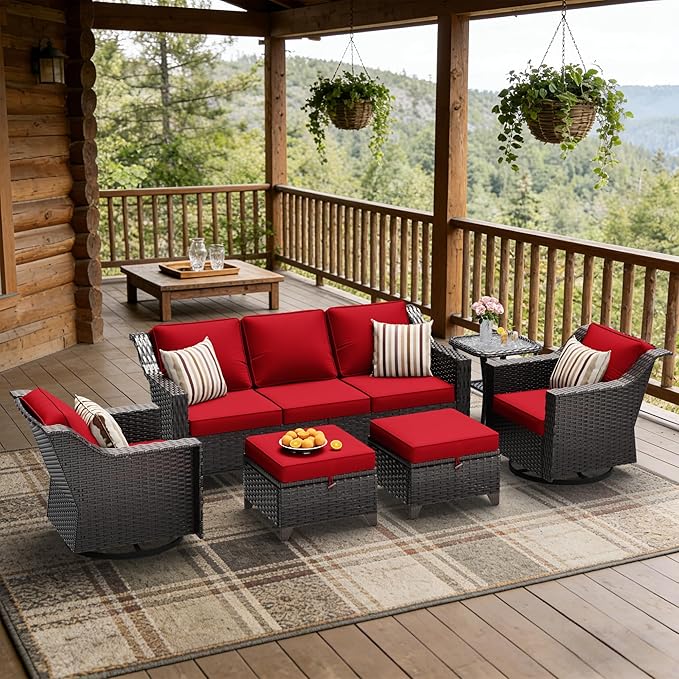 6 Pieces Patio Conversation Furniture Set - 1 Sofa, 2 Swivel Chairs, 2 Ottomans, 1 Side Table, Outdoor Wicker Furniture with Removable Cushions for Porch, Balcony, Sunroom (Red)