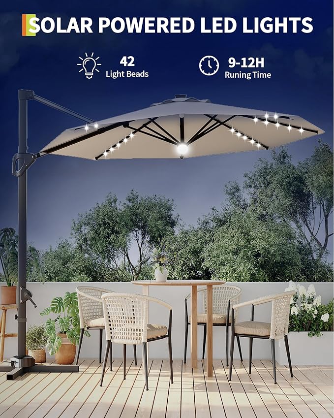 GarveeLife 10FT Patio Umbrella Outdoor Solar LED Large Cantilever Umbrella Market Sun Shade Windproof Offset Umbrella with 360-Degree Rotation for Garden Deck Pool Patio