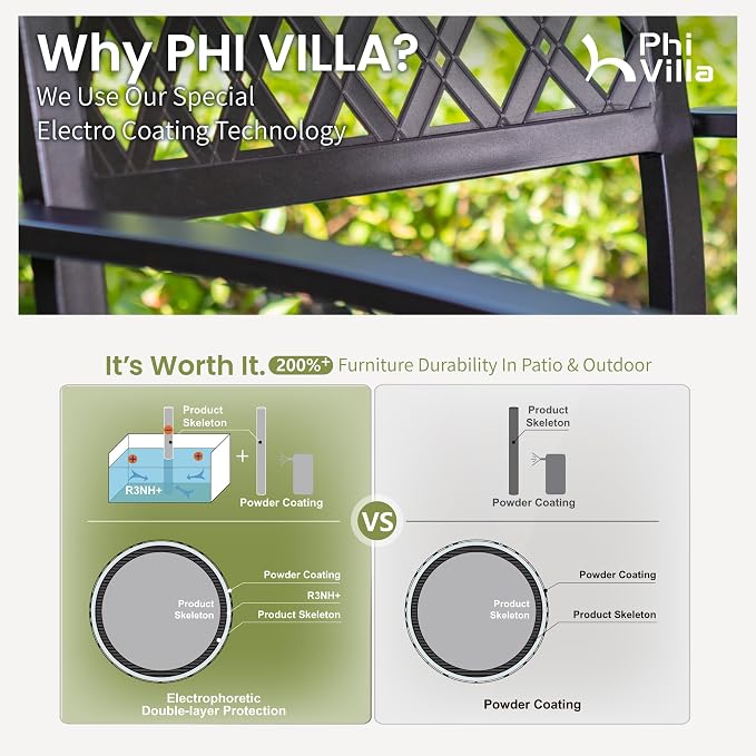 PHI VILLA Patio Dining Set, 4 Stackable Chairs w/Square Metal Table | 37" square metal table w/ 1.57" umbrella hole. Rust-resistant e-coated frame. Easy assembly. Perfect for patio,deck